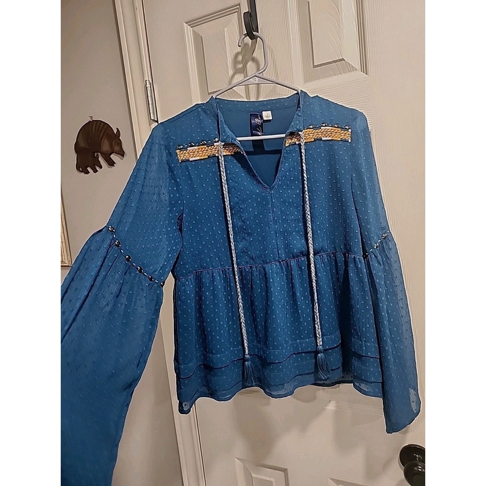 Blue Rain Women's Boho Blouse S Blue Peasant Top Tie Neck Bell Sleeve Embroidery